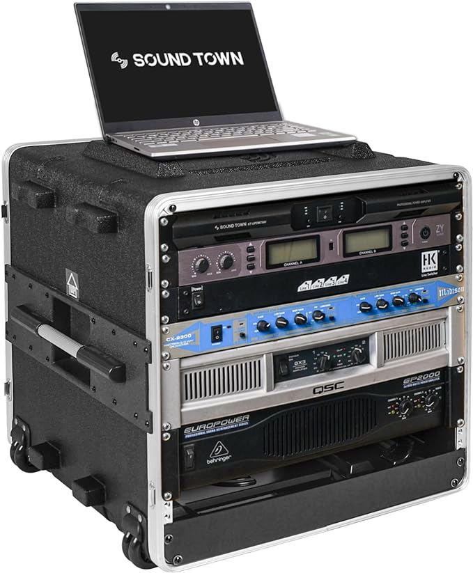 Sound Town Lightweight 10U PA DJ Rack/Road Case with 9U Rack Space, ABS Construction, 19” Depth, Retractable Handle, Wheels and Heavy-Duty Latches (STRC-A10UT)