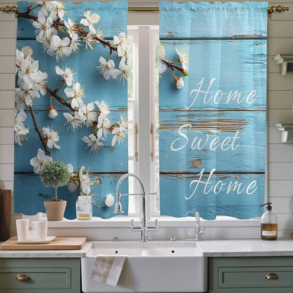 Farmhouse Wooden Grain Kitchen Curtains, Vintage Shabby Chic Flower Blue Light - Image 2