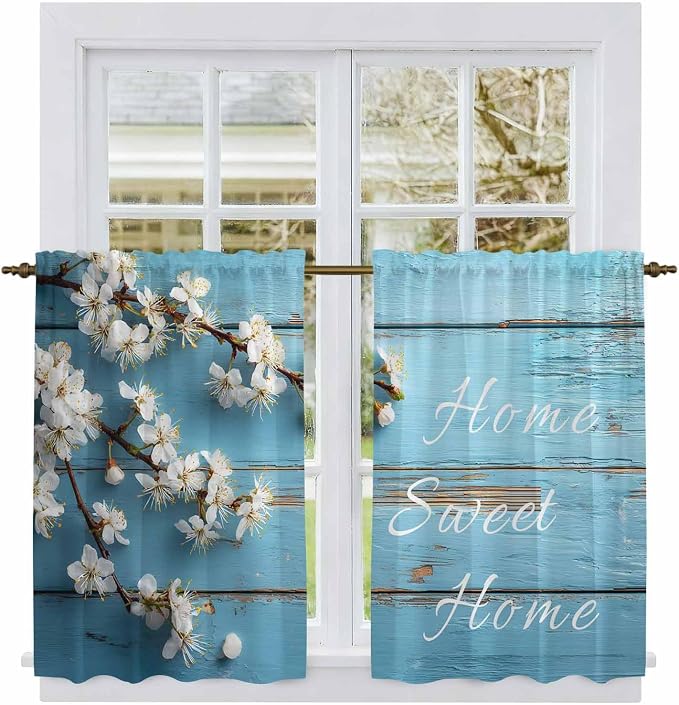 Farmhouse Wooden Grain Kitchen Curtains, Vintage Shabby Chic Flower Blue Light - Image 2