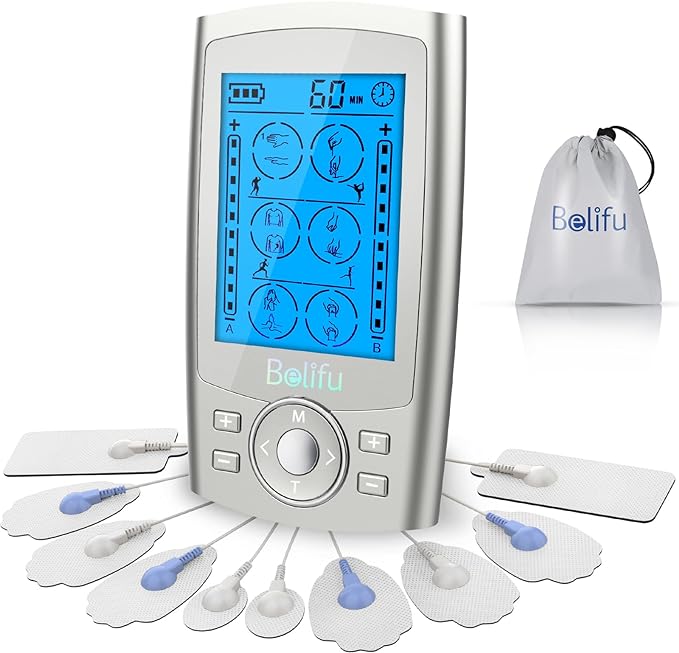 Belifu Dual Channel TENS EMS Unit 24 Modes Muscle Stimulator for Pain Relief Therapy, Electronic Pulse Massager Muscle Massager with 10 Pads, Dust-Proof Drawstring Storage Bag, Fastening Cable Ties