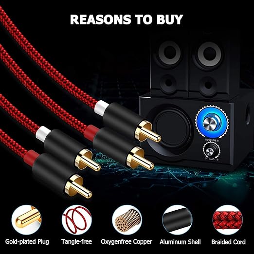 Goalfish RCA Cable, 10 FT 2-Male to 2-Male RCA Audio Cord Stereo Subwoofer Cable [2Pack, Hi-Fi Sound, Shielded] Auxiliary Cord for Home Theater, HDTV, Amplifiers, Hi-Fi Systems, Speakers-Red