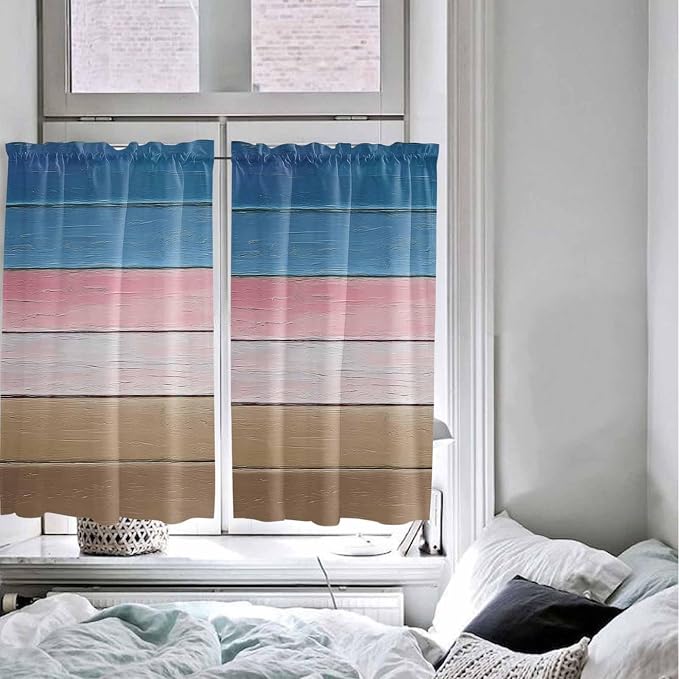 Blue Pink Brown Gradient Wood Grain Window Valance Curtains, Vintage Wood Board - Image 7