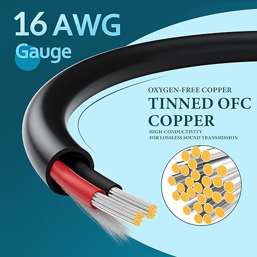 HiFind 16/2 Gauge Speaker Wire Cable 200 Ft-Tinned OFC Copper-UL CL3 Rated- Indoor/Outdoor-Pro Series 16 AWG-UV PVC Jacket&Cotton, Hi-Fi Sound for Car Audio,Home Theater Speakers,Stereos-Black