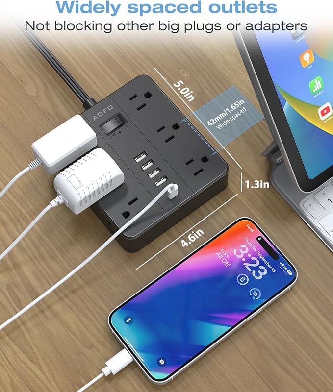 AOFO 15FT Surge Protector Power Strip,12 AC Outlets with 6 USB Ports (2 USB-C), Flat Plug Extension Cord with Multiple Outlets, Wall Mount for Home Office,Dorm, Black