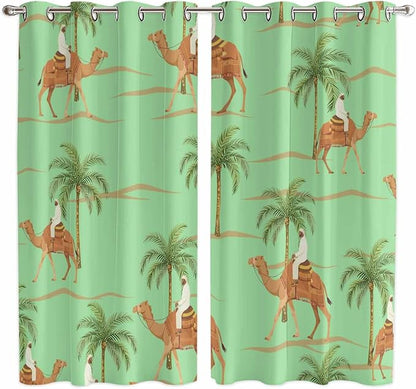 2 Panel Kitchen Cafe Curtains, Desert Camels Sunlight Filtering Nature Air by Hokiten