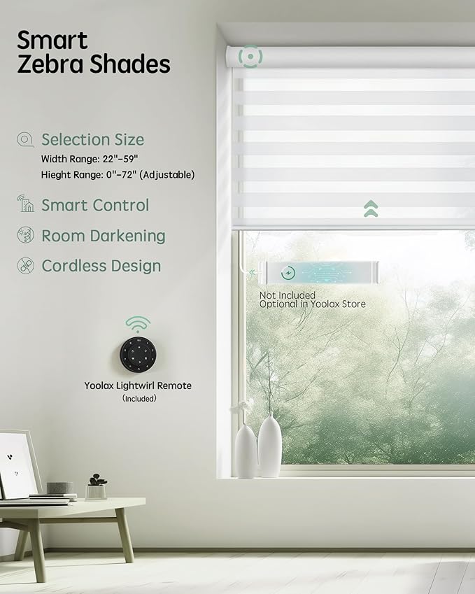Yoolax Motorized Blinds with Remote, Electric Zebra Blinds for Indoor Windows, Room Darkening Smart Shades with Voice Control, Compatible with Alexa Google Home, APP Control, 28" W x 72" H, White