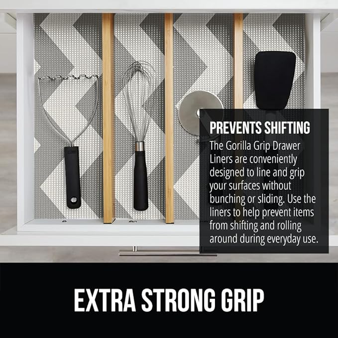 GORILLA GRIP powerGRIP Drawer Shelf and Cabinet Liner, Thick Strong Hold, Non-Adhesive Liners Protect Kitchen Cabinets and Cupboard, Bathroom Drawers, Easy Install, Breathable Mat, 17.5"x20', Chevron