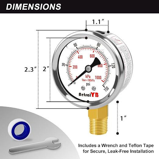 0-150 PSI Pressure Gauge, Liquid-Filled, Stainless Steel Case, Brass Internals - Image 5