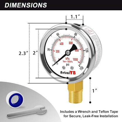 0-150 PSI Pressure Gauge, Liquid-Filled, Stainless Steel Case, Brass Internals - Image 5