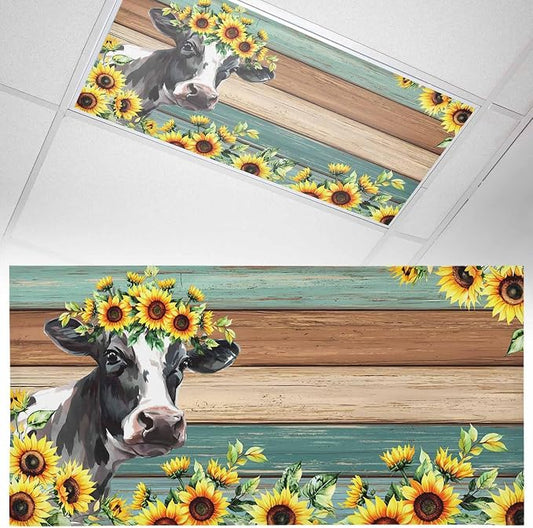 Fluorescent Light Covers Farm Cow Sunflower Magnetic Light Filters Vintage Blue by TweetyBed
