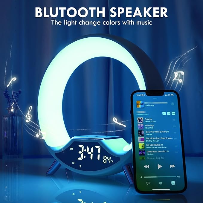 GuDoQi Sunrise Alarm Clock with Fast Wireless Charger Station and Bluetooth, Full Screen with Sunrise Simulation Light, Sleep Aid, Dual Alarms, FM Radio, More Than 10 Colors Nightlight for Bedrooms
