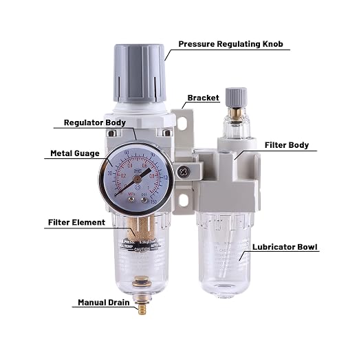 1/4 Inch NPT Compressed Air Filter Regulator Lubricator Combo, Water Oil Trap - Image 2