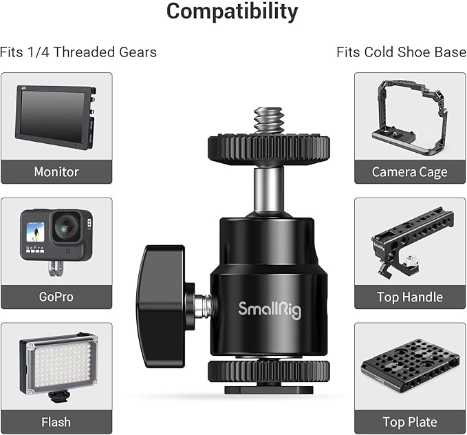 SmallRig 1/4" Camera Hot Shoe Mount, Ballhead Tripod with Additional 1/4" Screw, 2pcs Pack - 2059