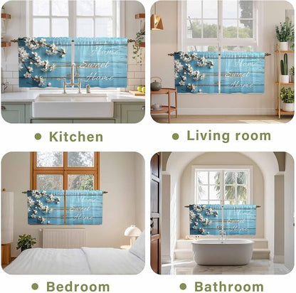 Farmhouse Wooden Grain Tier Curtains, Vintage Shabby Chic Flower Blue Light - Image 8