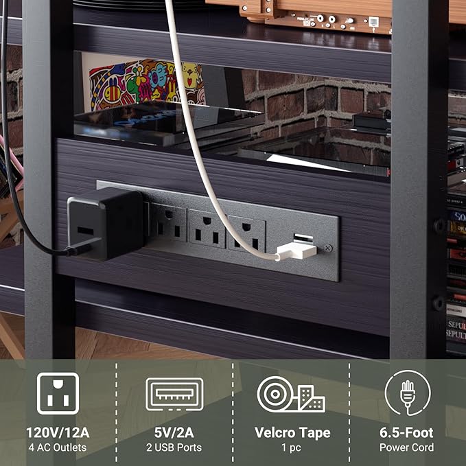 Besiost AV Media Stand with Outlets, Media Console with LED Lights, Stereo Racks and Stands with Storage Shelves, Media Audio Tower Cabinet, Black Enoby