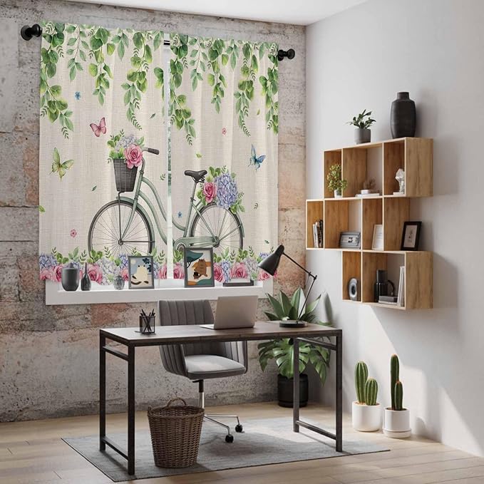 Farmhouse Spring Kitchen Curtains, Retro Bicycles Flowers Vines Butterfly Light - Image 6