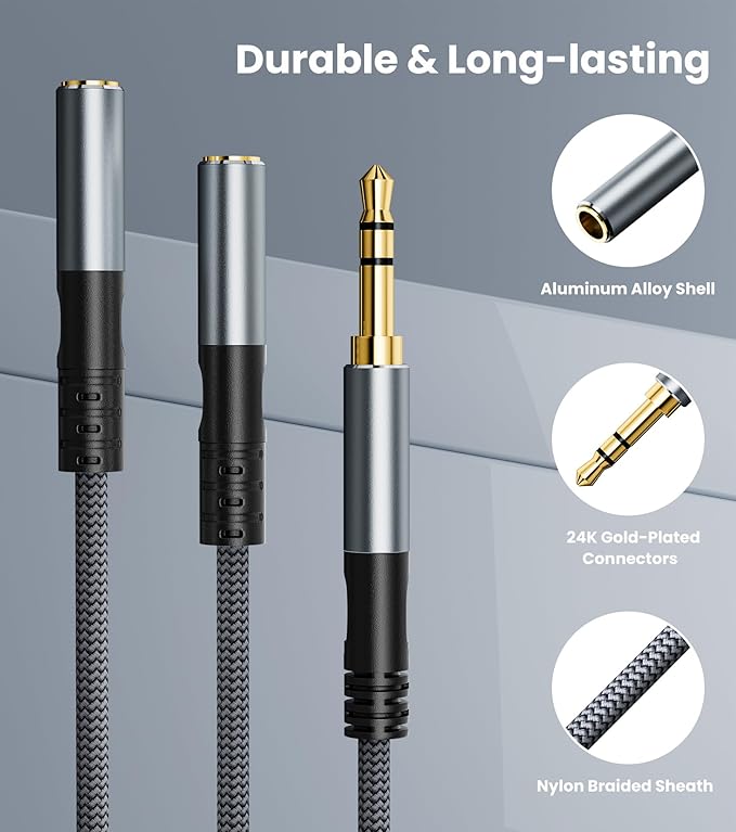 JOMLEY Headphone Splitter 1.6ft(0.5m), Audio Splitter 3.5mm 1 Male to 2 Female Adapter, Nylon-Braided 3.5mm Dual Headphone Jack Extension Cable for Headset, Smartphone, Tablet, Laptop