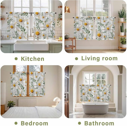 Spring Daisy Kitchen Curtains, Farmhouse Country Flower Leaf Plant Wood Grain - Image 8