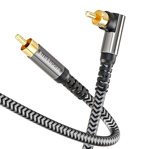 BlueRigger Subwoofer Cable 90D (50FT, RCA Audio, Dual Shielded, Gold Plated, Right Angled Male RCA Connectors) – Compatible with Subwoofer, Amplifier, Home Theater