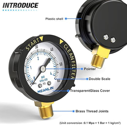 MEANLIN MEASURE 0~60Psi Plastic Frame 1/4" NPT Start and Clean Filter Pressure - Image 5