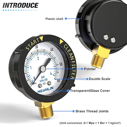 MEANLIN MEASURE 0~60Psi Plastic Frame 1/4" NPT Start and Clean Filter Pressure - Image 3