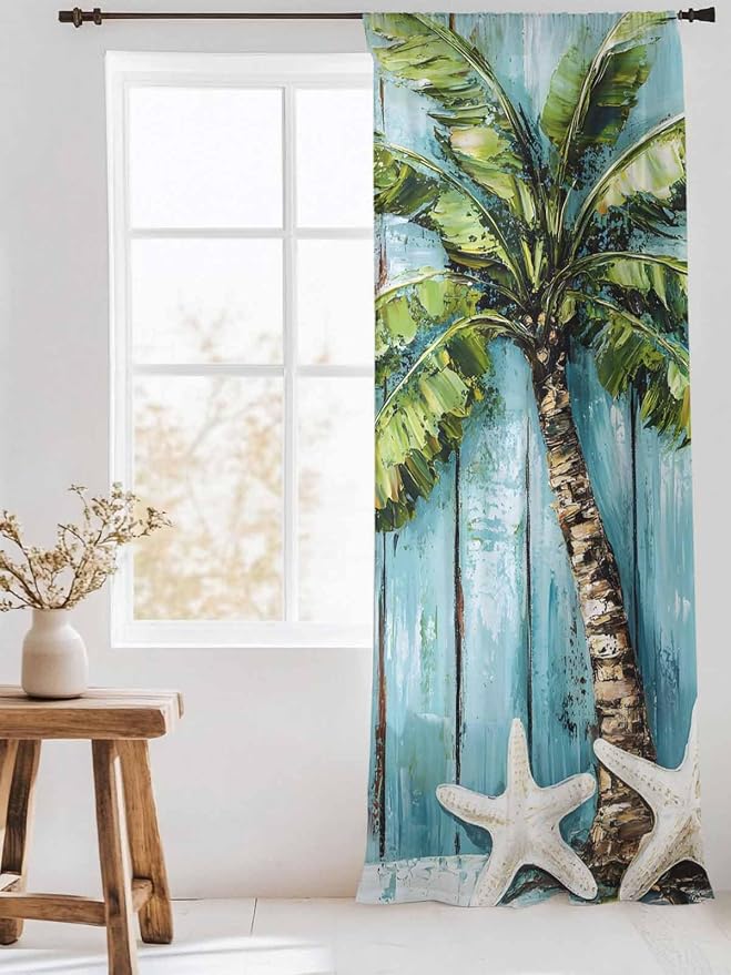 Sheer Curtains 96 Inches Long, Coastal Beach Starfish Semi Sheer Curtains Light - Image 3