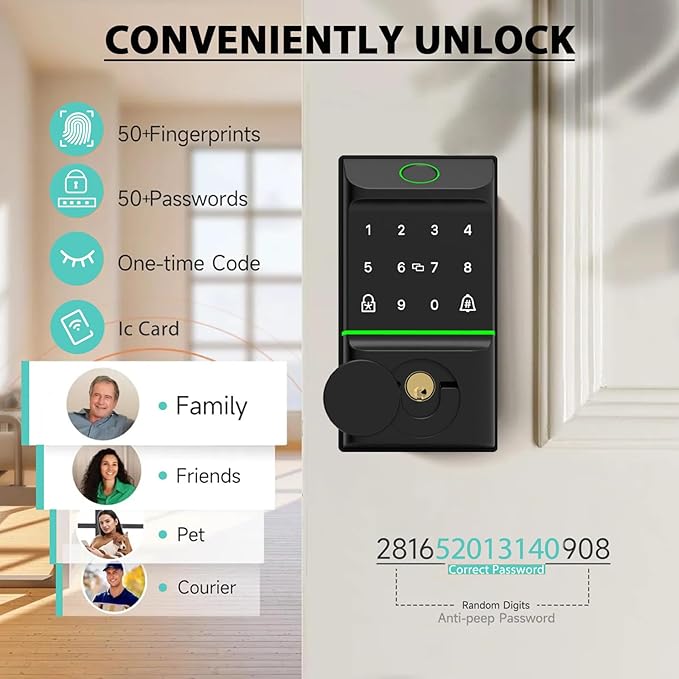 CINOP Smart Locks for Front Door with Handle Set, App Control, WiFi Front Door Lock Electronic Screen+WiFi Gateway, Keyless Entry Door Lock Fingerprint Deadbolt, Auto Lock (Black)