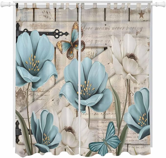 Teal Blue Tulips Living Room Curtains 84 Inch Length, Window Curtains Tab Top by Unknown