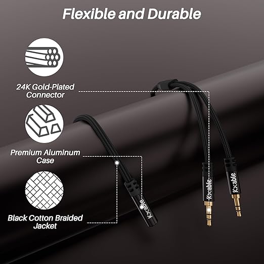 Kxable 1/8 Inch TRS Stereo Y Splitter Cable 1.5FT, 3.5mm Female to 2-Male Y-Splitter Stereo Audio Cable, for Cell Phone PC Laptop, Speaker, Headphones, Suitable for Switching or Two Sets of Speakers