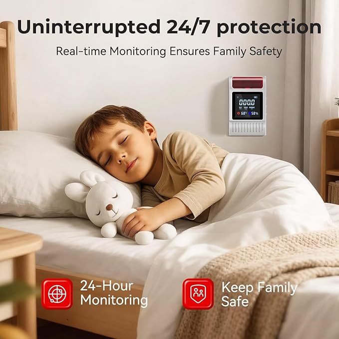 Nicbee 6-in-1 Smoke and Carbon Monoxide Detectors Plug in, Gas Leak Detector with Battery Backup, Adjustable Brightness & Volume Levels, Smoke Alarm with Temp/Humidity for Home, RV, Travel(2-Pack)