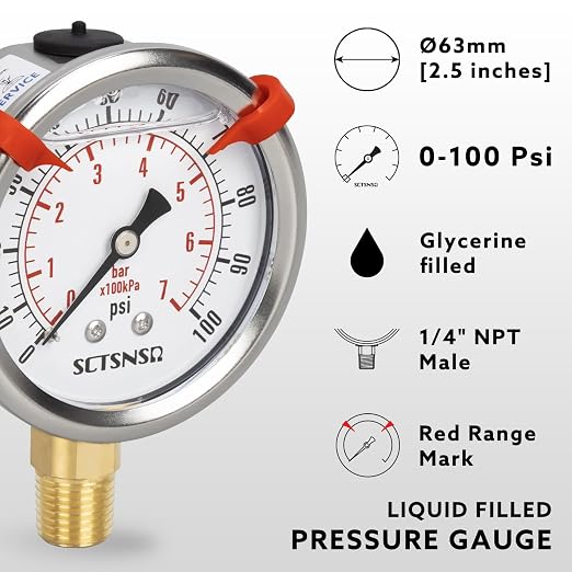 0 to 100 Psi Pressure Gauge, Glycerin Liquid Filled, 2.5 inch Dial, 1/4" NPT - Image 2