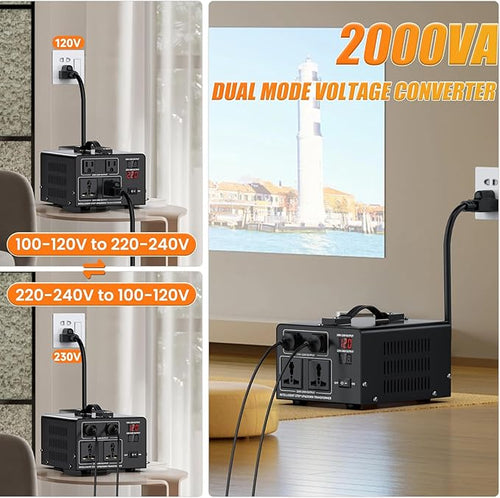 2000W Voltage Converter Transformer Step Up 110V/120V to220V/240V or Step Down 220V to 110V AC Power Converte, Circuit Breaker Protection, 2 US sockets, 2 Universal sockets, LCD Display
