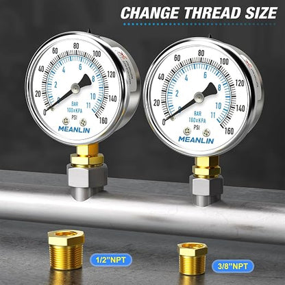 MEANLIN MEASURE 0~160Psi Dry Pressure Gauge Stainless Steel 1/4" NPT 2" FACE - Image 3