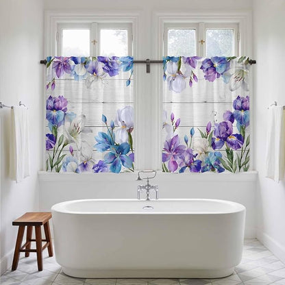 Spring Flowers Kitchen Curtains, Watercolor Garden Florals Wooden Grain Light - Image 5