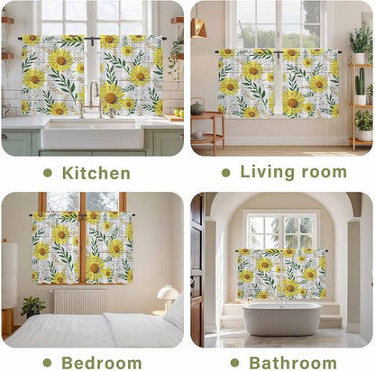Yellow Daisy Kitchen Curtains, Farmhouse Country Flower Leaf Plant Wood Grain - Image 8