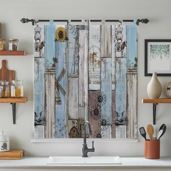 Blue Grey Wooden Bathroom Curtains 63 Inch Length, Window Curtains Tab Top - Image 3