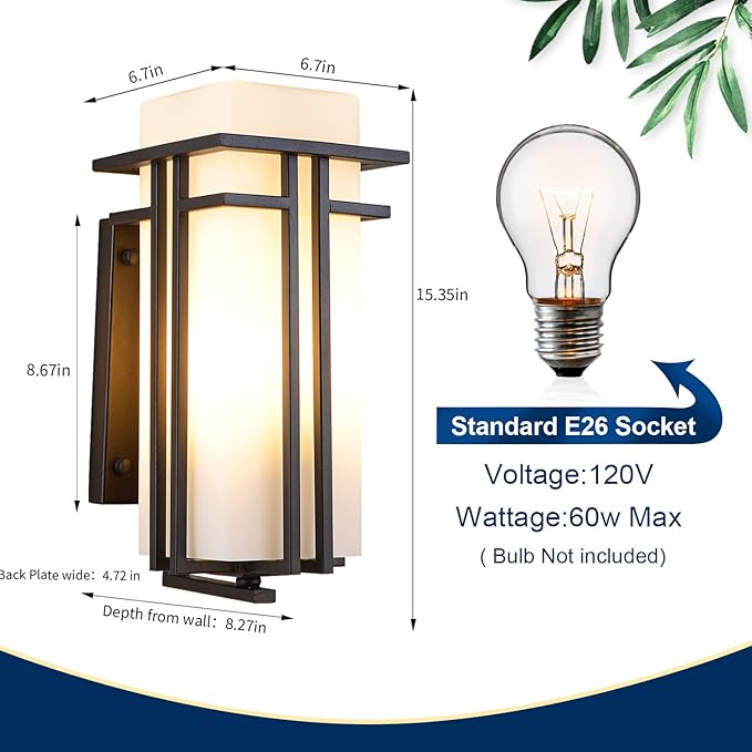 EERU Large Outdoor Wall Lights 15.35" H x 6.7" W, Waterproof Wall Lantern Exterior Light Fixture for Entryways Yards Garage Front Porch, Metal Frame with Frosted Glass, Black (Large)