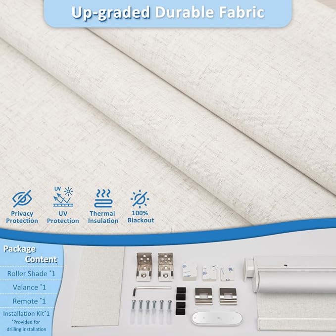 MANSNIX Smart Motorized Blinds with Remote, Cordless No-Drill Automatic Roller Shades, Blackout Electric Blind for Windows, Linen Stone, 35.5 x 72