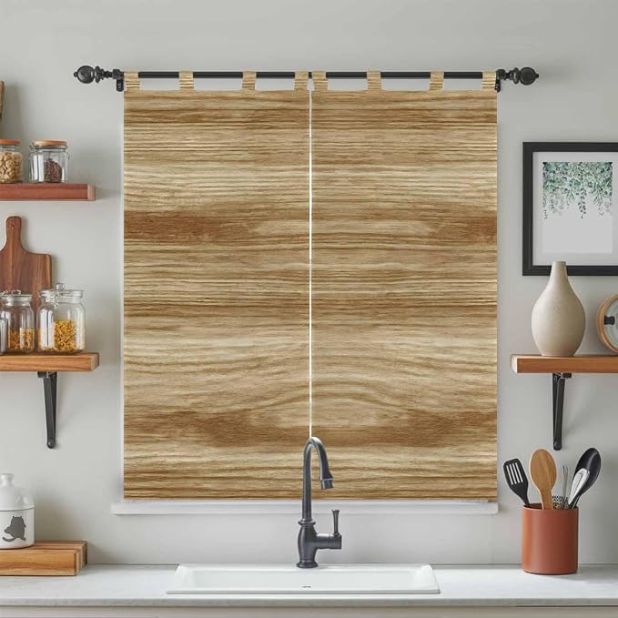 Light Brown Wood Grain Bathroom Curtains 63 Inch Length, Window Curtains Tab Top - Image 3