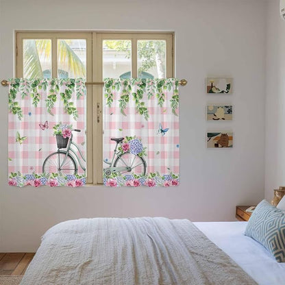 Spring Kitchen Curtains, Bicycles Leaves Butterfly Flowers Pink Buffalo Plaid - Image 4