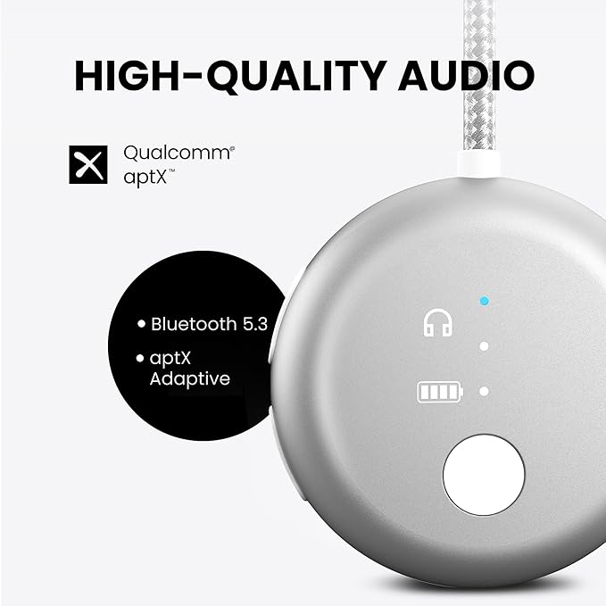 Avantree SoundJet R1 – 25Hr Airplane Bluetooth Adapter for All AirPods (Pro/Max) with Qualcomm Chipset & aptX Adaptive, Wireless Audio Transmitter for Flight Travel, Works with Bose & Other Headphones