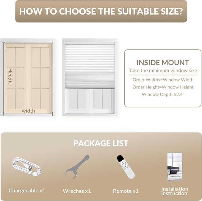 Boolegon No Drill Motorized Cellular Blinds with Remote Motorized Blackout Honeycomb Blinds for Indoor Windows Easy to Install Automatic Cellular Shades for Home,Blackout White,Custom Size