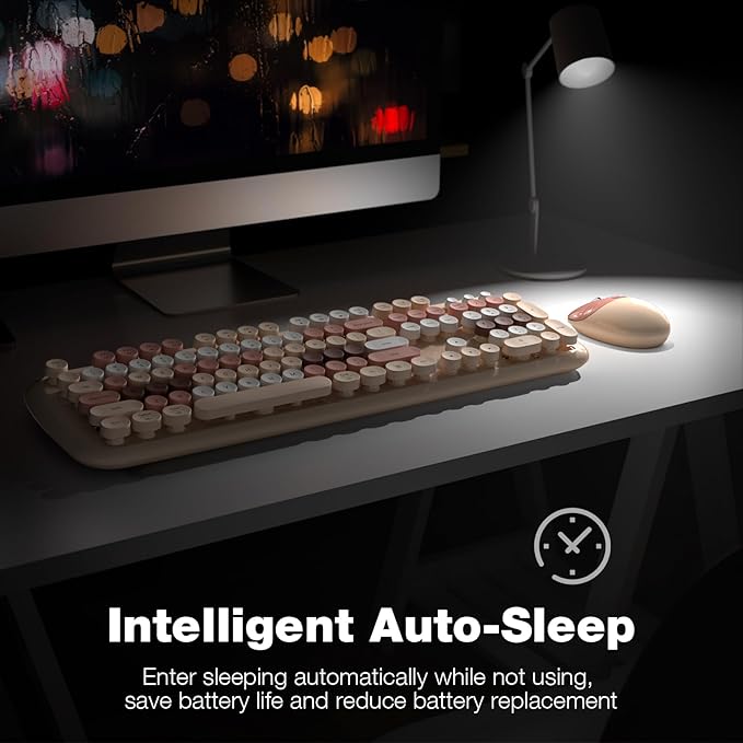 MOFII Wireless Keyboard and Mouse Combo, 2.4G Full-Size Retro Typewriter Computer Keyboard and 3 Level Adjustable Wireless Mouse for Windows, Mac OS Desktop/Laptop/PC-Milk Tea Colorful