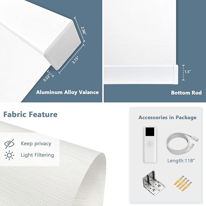 COOLWINDS Motorized Blinds with Remote Cordless Automatic Motorized Shades Custom Blinds for Windows Smart Curtains Compatible with Alexa Google Home(Light Filtering Jacquard White,W51 x H72in)
