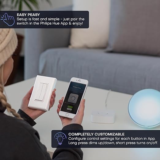 RunLessWire Click for Philips Hue – Battery-Free Wireless Smart Light Switch, 30ft Range – Works Natively with Philips Hue Bridge – Wall Mount Kinetic Switch - Decora Style, Gray