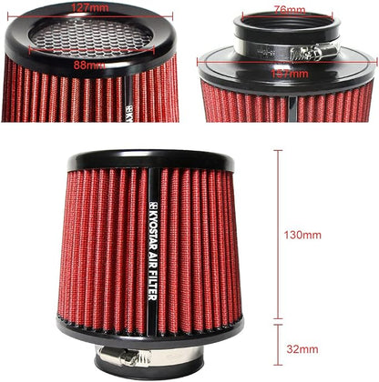 Universal 3" 76mm High-Flow Air Filter, Reusable Cone Cold Air Intake, High - Image 2
