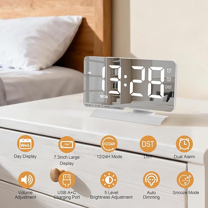 SZELAM Digital Clock,Alarm Clock Bedside,7.3'' Large LED Mirror with Date Display,Dual Alarm with 3 Mode,Brightnee Adjust,DST,Snooze Function,USB C Charging Port,5 Levels Volume for Desk Bedroom Teens