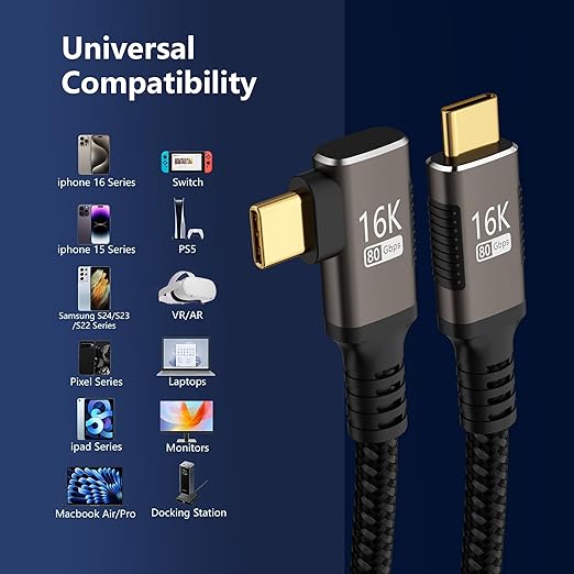 Short 90 degree USB C Cable 1FT Compatible With Thunderbolt 5/4,USB 5/4 right angle Cable 80Gbps Data Transfer,Type-C 240W Fast Charging,USB C Cable 16K@60Hz/8K@120Hz Video Output for Monitor/Display.