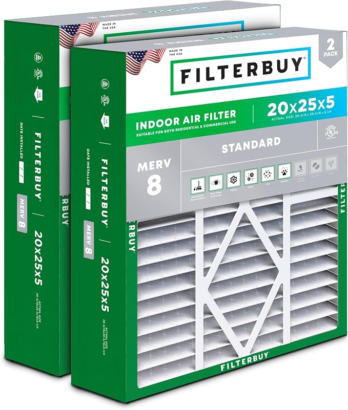 Filterbuy 20x25x5 Air Filter MERV 8 Essential Dust & Allergy Defense, Pleated by Filterbuy