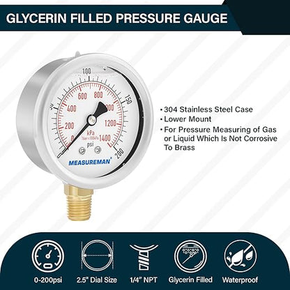 MEASUREMAN 2-1/2inch Dial Size, Liquid Filled Pressure Gauge, 0-200psi/kpa - Image 2